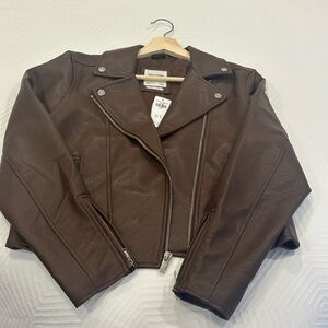 Abercrombie & Fitch Vegan Leather Moto Jacket | Size L | Brown Saddle